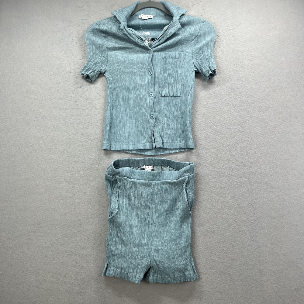 Hyfve Shorts Set Womens Small S Blue Green‎ Crinkle Plisse 2 Piece Button Up Top